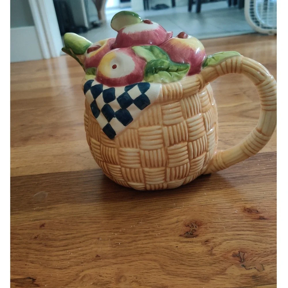 Vintage Ceramic Apple Basket Teapot Country Cottage Core Kitchen Decor